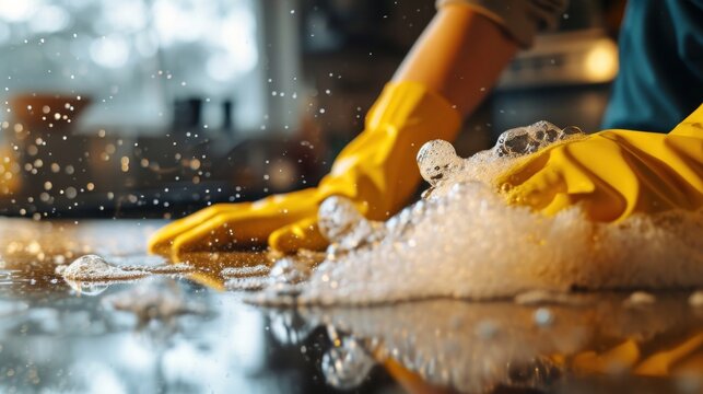 a close up of a person wearing yellow gloves cleaning a table with bubbles of water on top of the table.    
