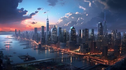 An ultra-realistic depiction of a bustling cityscape at twilight, featuring hyper-detailed skyscrapers, intricate street details, and cinematic lighting effects - Generative AI - obrazy, fototapety, plakaty
