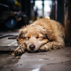 Naklejka premium Sad homeless dog dreaming about home.