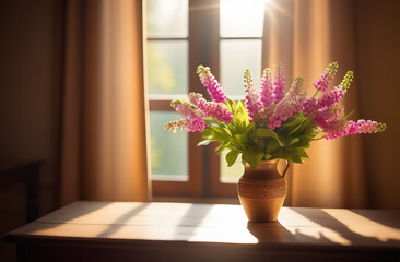 A bouquet of pink wildflowers in the window with the rays of the spring sun