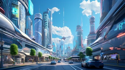An ultra-realistic depiction of a futuristic cityscape with advanced holographic billboards, sleek skyscrapers, and bustling aerial traffic using advanced transportation technology - Generative AI