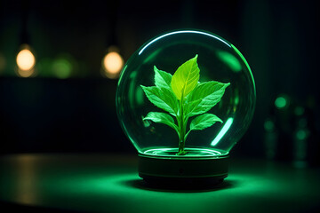 Green Energy Symbol Plant Glowing in a Glass Dome on a Table Generative AI