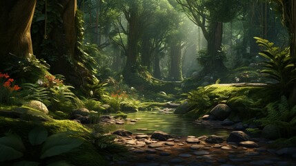 An ultra-realistic depiction of a lush forest, rich with detailed flora and fauna, highlighting intricate textures and natural lighting - Generative AI