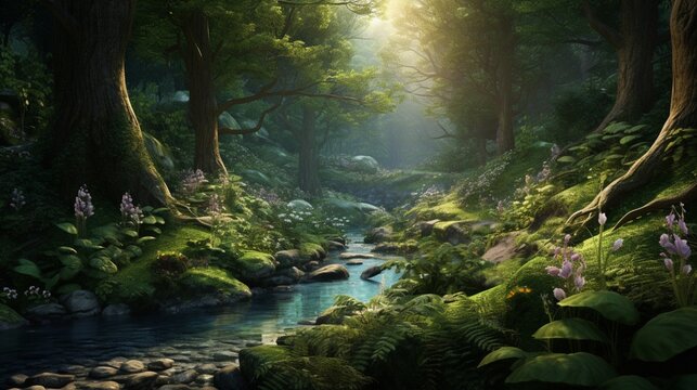 An ultra-realistic depiction of a lush forest, rich with detailed flora and fauna, highlighting intricate textures and natural lighting - Generative AI
