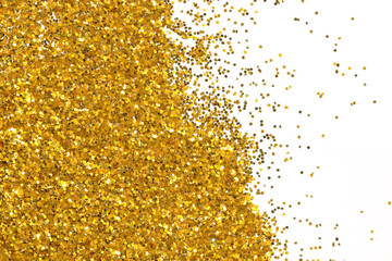 Golden glitter on white background, top view