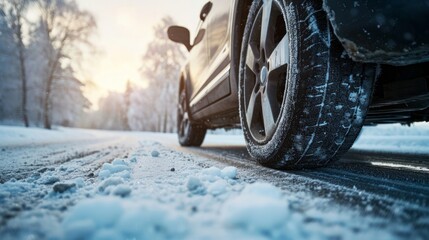 Aluminium alloy or steel auto wheel on the road with a winter landscape. Close-up of a car wheel with a rubber tire for winter weather.     - obrazy, fototapety, plakaty