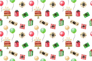 Colorful party seamless pattern,Nursery seamless file, digital paper hand drawn cute air balloons, presents, Birthday cake on a white background,Cute ready-made design for printing on packaging paper