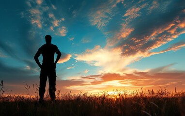 Silhouette of a man standing on top of a mountain and looking at the sunset