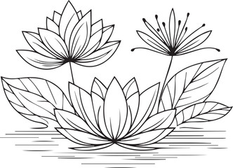 Waterlily line drawings, hand painted waterlily wall art, Campanule Clochette botanical wall art, simple bluebell drawing, waterlily stock outline drawing, lotus line art, hand drawn waterlily art