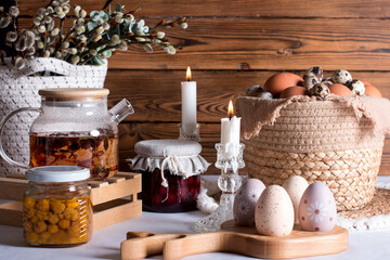 Rustic Easter, quail eggs in a ceramic bowl on the table. The Bright Easter Holiday