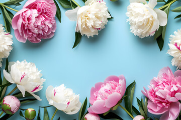 Background with beautiful pink and white peony flowers, solid color background, top view