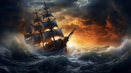 Fototapeta premium An ultra-realistic depiction of a sailing ship in the midst of a raging storm, turbulent seas and lightning strikes, capturing the intensity with intricate detail in a digital art form - Generative AI