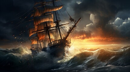 An ultra-realistic depiction of a sailing ship in the midst of a raging storm, turbulent seas and lightning strikes, capturing the intensity with intricate detail in a digital art form - Generative AI