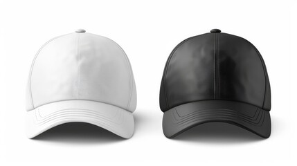 Baseball cap white and black templates, front views isolated on white background. Mock up.     