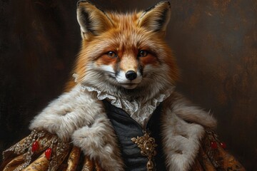 Fox An animal in Renaissance clothes, in a baroque suit, a close-up portrait of a past era, fashionable vintage retro style