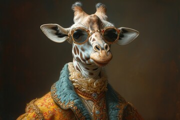 Giraffe An animal in Renaissance clothes, in a baroque suit, a close-up portrait of a past era,...