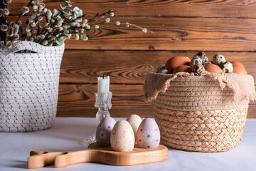 Rustic Easter, quail eggs in a ceramic bowl on the table. The Bright Easter Holiday