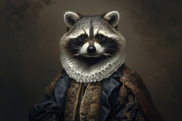 Raccoon An animal in Renaissance clothes, in a baroque suit, a close-up portrait of a past era,...