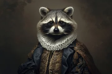 Foto op Aluminium Raccoon An animal in Renaissance clothes, in a baroque suit, a close-up portrait of a past era, fashionable vintage retro style © Gizmo