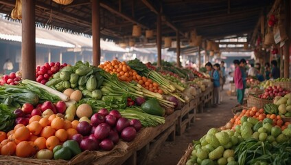 Photo of the traditional fruit and vegetable market in the morning made by AI generative