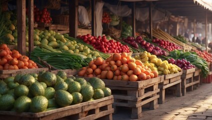 Photo of the traditional fruit and vegetable market in the morning made by AI generative