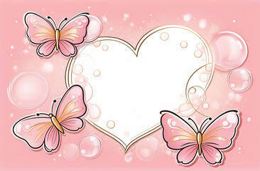 Frame in the shape of a heart surrounded by a butterfly and soap bubbles. Delicate pink background color. Comics style, cartoon