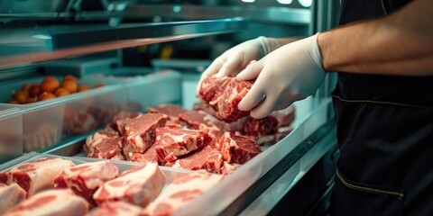 A butcher is packing fresh meat in refrigerator