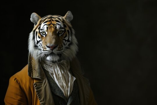 Tiger An animal in Renaissance clothes, in a baroque suit, a close-up portrait of a past era, fashionable vintage retro style