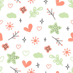 Hand drawn simple floral seamless pattern. Pastel colors flowers and hearts