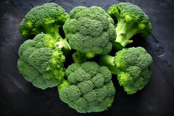 Abundant heap of fresh green broccoli on stone table - top view, healthy organic vegetables