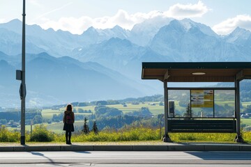 Bushaltestelle in den Alpen in Bayern mit Blick auf die Berge. Person wartet auf den Bus auf dem Land. - obrazy, fototapety, plakaty