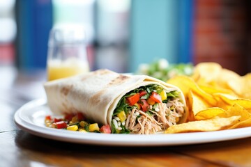 pulled pork burrito with a side of corn chips and salsa - obrazy, fototapety, plakaty