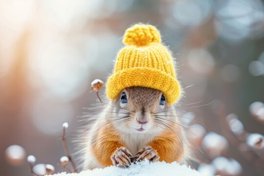 Eichh&ouml;rnchen im Winter mit gelber Pudelm&uuml;tze im Schnee. Lustiges H&ouml;rnchen mit M&uuml;tze.