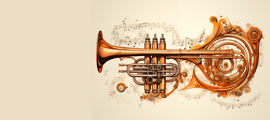Trumpet fantasy musical instrument illustration decorated, white background card for music event