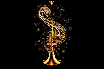 Trumpet fantasy musical instrument illustration decorated, black background card for music event - obrazy, fototapety, plakaty