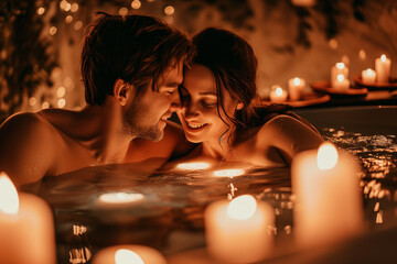 Couple in spa, hot tub, romantic valentine love atmosphere - obrazy, fototapety, plakaty
