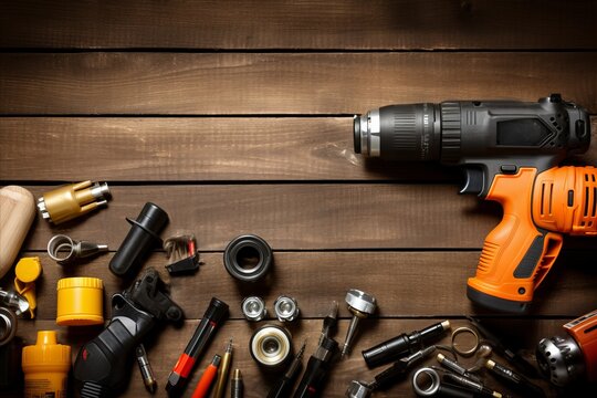 Top view of working tools on rustic wooden background for crafts and diy projects