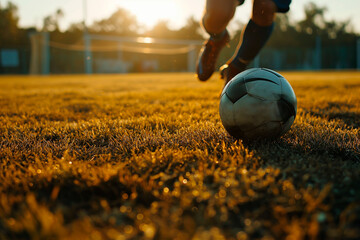 Soccer ball low angle view and player low section on sport ground field, sunset light