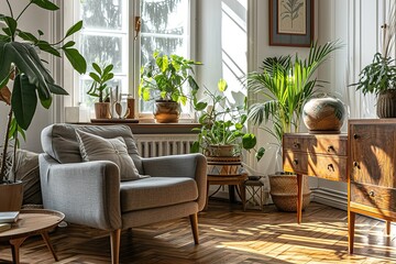 Modern scandinavian living room with design furniture, grey sofa, plants, bamboo bookstand and wooden desk. Brown wooden parquet. Nice apartment. Stylish decor. Bright and sunny side of home space.