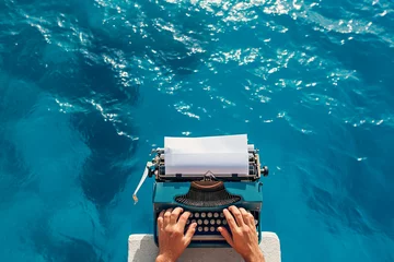 Fotobehang Writer creativity imagination concept illustration, typewriter flying over blue sea waves natural landscap © fabioderby