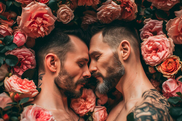 Young gay couple valentine day card, caucasian men portrait with red flowers