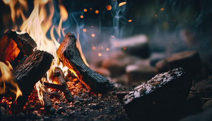 Evening outdoor nature background with close up campfire. Vivid flame bonfire illustration. - obrazy, fototapety, plakaty