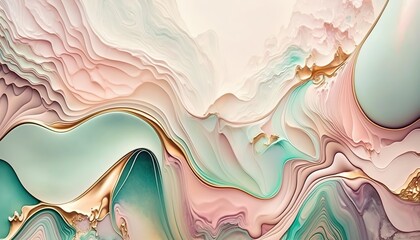 Beautiful abstract soft colored wavy background with pastel pink, gold and pale green colors. Paint swirls like a marble texture. Modern art background.
