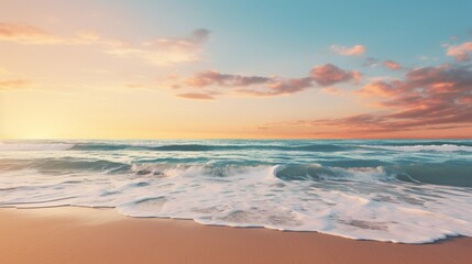 Fototapeta na wymiar An ultra-realistic ocean vista featuring golden hour hues, calm azure waters gently lapping at sandy shores, distant sailboats resting under a pastel sky - Generative AI