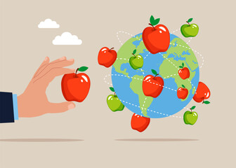Hand put fruit apple on world map across globe. Financial and investment growth. Flat vector illustration