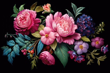 Elegant floral painting, colorful flowers on dark background, Valentine day holiday art card