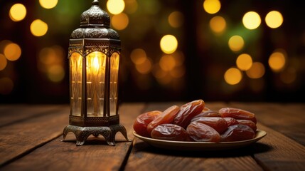Islamic lantern with burning candle and dates, blurry background with bokeh lights