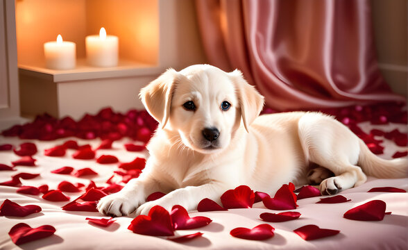 Puppy elegantly draping over a heart-shaped satin pillow, surrounded by scattered rose petals, Valentine's Day themed. Generative AI