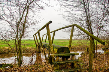 Montfoort, The Netherlands, January 13, 2024: narrow pedestrian bridge, largely made of one single tree trunk, across a canal in the polder