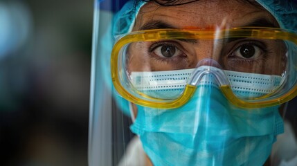 close up portrait of doctor - nurse - every day hero - wearing full medical protection with mask and cap     - obrazy, fototapety, plakaty